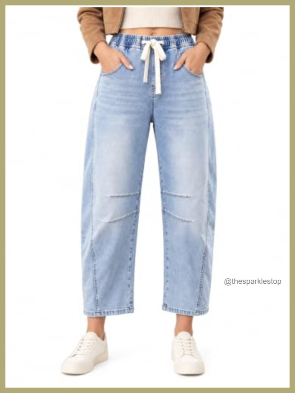 Women's Barrel Leg High Waisted Stretch Denim Jeans Pull On Drawstring